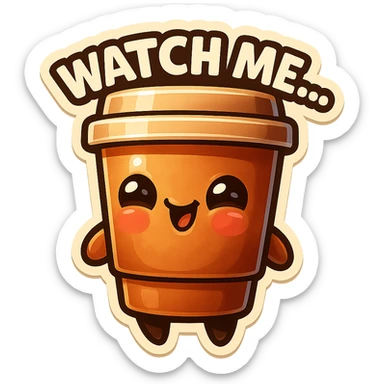 Tall coffee cup, giggling, mischievous eyes, "Watch me..." sticker