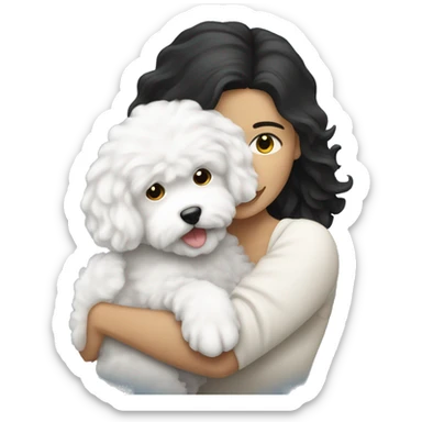 a long black-haired white woman hugging her bichon puppy sticker