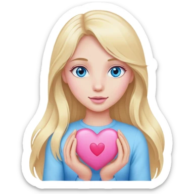 Cinematic realistic blonde with long hair and blue eyes and a pink heart sticker