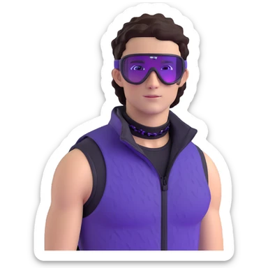 close-up of male athlete with white skin and moderately curly dark brown hair on top with shaved sides, wearing ski goggles with purple frames and very dark black lenses, a simple plain black chain necklace, and a completely unzipped sleeveless vest with purple and black sequin fire pattern design with no logo, with an arrogant smug smirk on his face, looking confident and cocky sticker