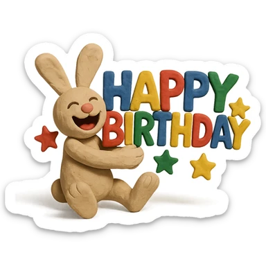 laughing bunny hugging 'Happy Birthday' letters with stars, full body, claymation style sticker