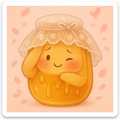 shy honeypot peeking from behind its arm, lace veil, rosy cheeks, gentle smile, honey drips gently, blush pink background with flower petals sticker
