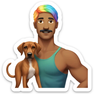 white male with rainbow colored hair and a curled mustache standing alongside a brown rhodesian ridgeback dog sticker
