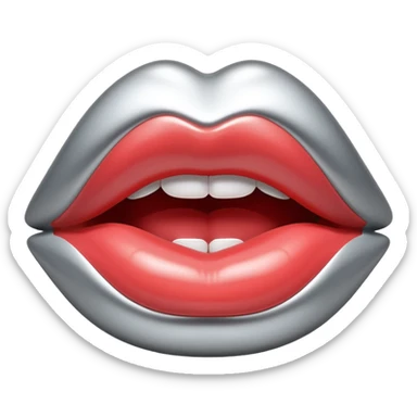female lips emoji, smooth liquid metal chrome surface, sensual sculpted shape, high-gloss reflections, monochrome futuristic 3D style, isolated on white sticker