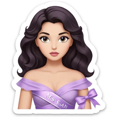 A woman with almond-toned skin, dark voluminous hair in waves, expressive eyes with soft lashes and shimmer, full lips with a glossy nude-pink color, wearing a lavender top and a white sash with “Miss San Juan” in black letters, exuding elegance and confidence sticker