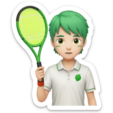 kid, green haired, white clothes, tennis player sticker