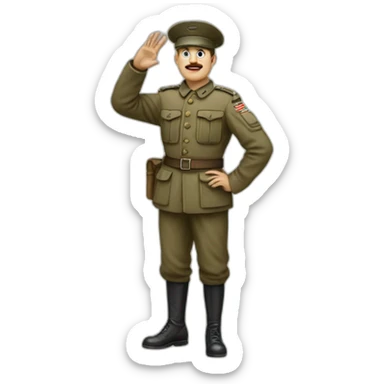 A man in a soldier suit from world war one raising their right hand vertically to around 45 degrees. His arm is stretched out, not bent at all. and his face is shown sticker