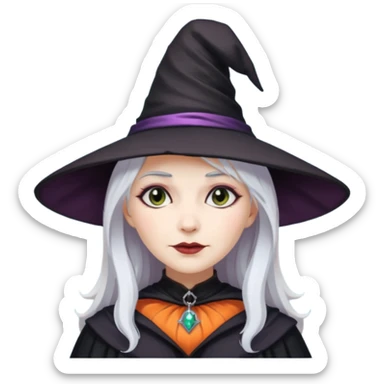 White hair white skin woman with gothic style wearing witch hat sticker
