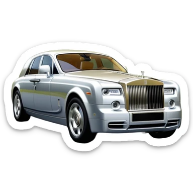 Rolls-Royce Phantom (2022) – cinematic-realistic Rolls-Royce Phantom, its polished silver frame glistening under the sun as it glides down a winding, tree-lined road. The iconic Spirit of Ecstasy hood ornament stands proudly, the V12 engine hums silently as the car cuts through the serene countryside, embodying elegance and power. sticker