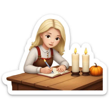 Girl writing in a journal on a desk with a candle on it, window with fall scenery in background sticker