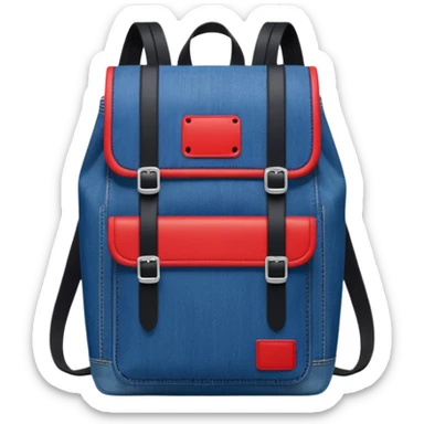 Minimalist emoji-style icon of a stylish blue denim backpack with a flap top, two vertical black buckle straps, a large red-white-navy horizontal block in the center, and two zipper side pockets. Inspired by Tommy Jeans design. Front view, cartoon-like, clean design.

 sticker