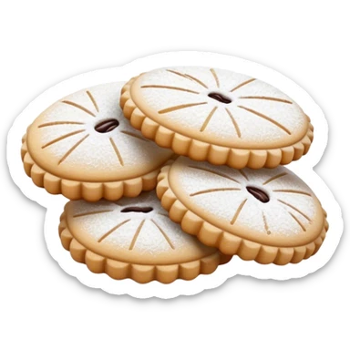 Ma'amoul Cinematic Realistic Ma'amoul Dessert Emoji, depicted as one or two delicate, date-filled cookies lightly dusted with powdered sugar, rendered with intricate textures and warm, inviting lighting. sticker