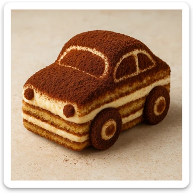 a small car made from tiramisu, with layers of coffee-soaked cake and mascarpone, dusted cocoa on top, whimsical and appetizing, dessert-themed, fun and edible look sticker