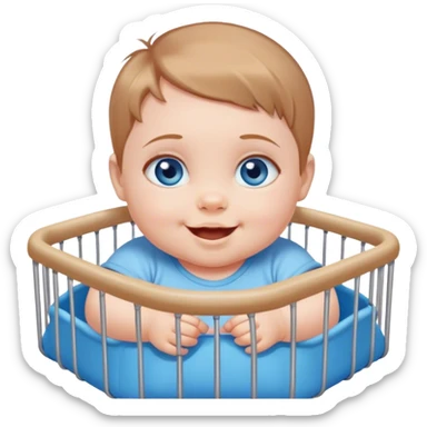 Blue-eyed baby girl with short light brown hair, chubby, mischievous smile in playpen  sticker