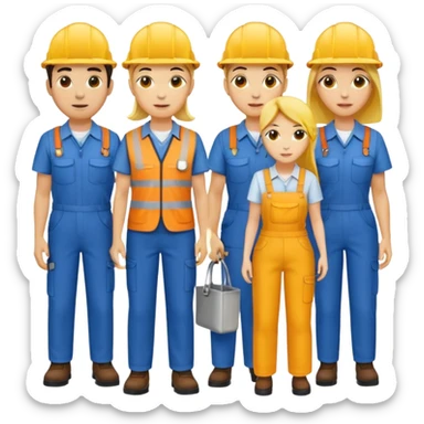 4 people, two man and two women,yellow skin, work style sticker