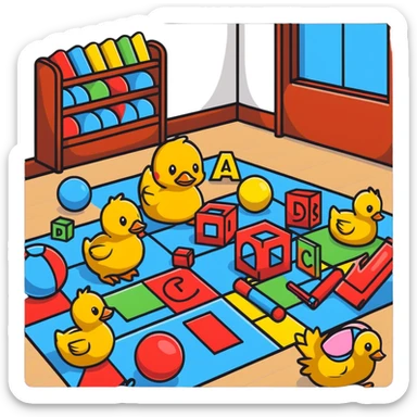 playroom floor with scattered toys - plush teddy, rubber duck, alphabet blocks, bouncy ball, action figures sticker