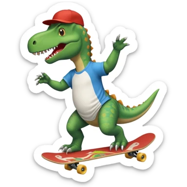 Dinosaur skateboarding at the skate park wearing a t-shirt and doing six seven and dancing sticker
