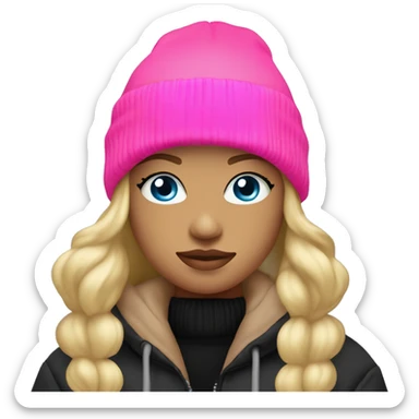 Blond girl blue eyes black hoodie brown puffer jacket neon pink nitted beanie  sticker