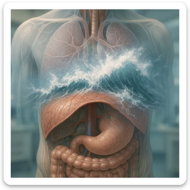 hyper realistic diaphragm seen as barrier: stress waves crashing and dissolving on diaphragm, anatomical details, transparency effect, medical environment, realistic colors sticker