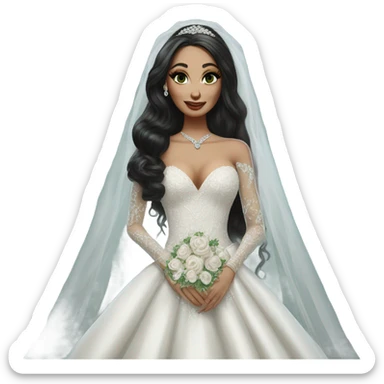 Hyper Realistic ornate ballgown long sleeve Wedding dress with diamanté on Russian bride with pale skin and green eyes and long black hair with veil and diamond jewelry hyper realistic  sticker