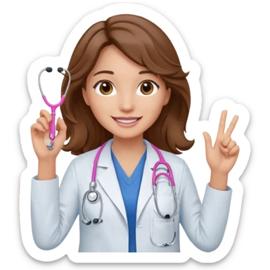 Barbie like emoji of a white woman with brown eyes and long wavy brown hair wearing blue scrubs, white lab coat, pink stethoscope, and raising one hand and a warm smile sticker