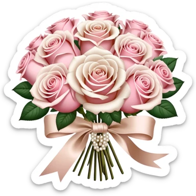beautiful large aesthetic bouquet of roses in vintage style of white and powder pink color obligatory pearl beige silk ribbon  sticker