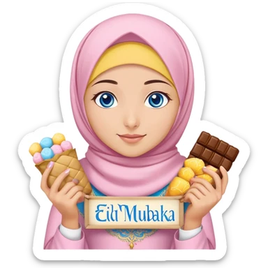 Turkish beautiful finish Konya girl blue eyes with powder pink yellow hijab islamic dress and had on her hand text Eid Mubarak with sweets and celebrating with her friends eid days   sticker
