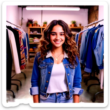 A young 25-year-old Latina entrepreneur with long, wavy hair, brown eyes full of passion, and a friendly smile. She wears recycled boho-style clothing, with an intervened denim jacket and eco-friendly accessories. He is in a textile recycling workshop surrounded by reused fabrics, mannequins and sewing machines. The lighting is warm and inviting, with sustainable fashion sketches on the walls. Sofía is designing a unique garment, transmitting creativity and determination sticker