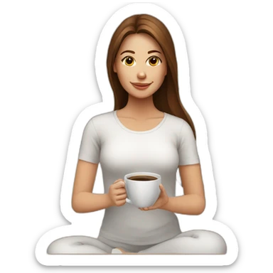 Yoga Woman white shirt long brown hair drinks coffee sticker
