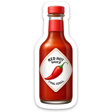glass bottle of red hot sauce with small chili icon on label sticker