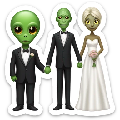 Alien reprilian woman in wedding dress and one humman man in a tuxedo holding hands getting married sticker