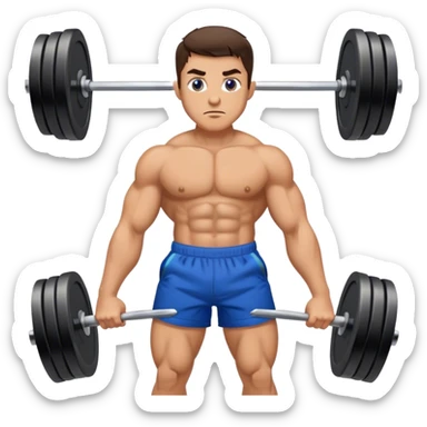 brunette buff man with blue shorts barbell-shrugs sticker