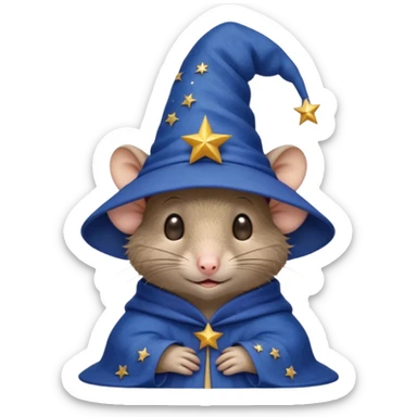 timid house mouse with muted brown fur, large outward tilted ears, beady eyes looking uncertain, wearing huge deep blue wizard hat with stitched stars and crescent moon, floppy uneven brim, drooping at top, front paws flat, tail straight out behind, awkward outfit, emoji style sticker