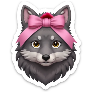 sad 🥺 cute dark grey wolf with a pink ribbon ion his head sticker