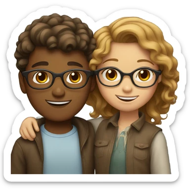 light brown haired boy with glasses and brown haired girl with wavy hair hugging sticker