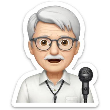 singer, Old man, singing to mic, white shirt glasses sticker