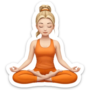 white woman with ponytail hairstyle in lotus position meditation yoga pose, closed eyes, relaxed face, wearing orange yoga outfit sticker