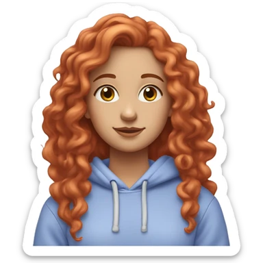 a white girl with long red curly hair, wearing a pastel periwinkle hoodie doing a pose sticker