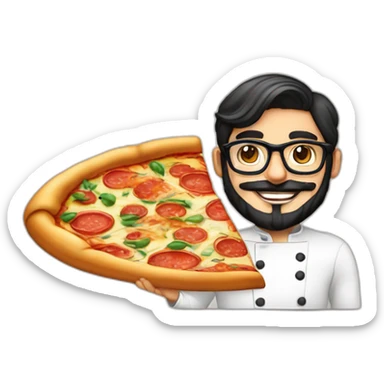 Dark haired 30 years old chef with beard and big glasses proudly holding a pizza sticker