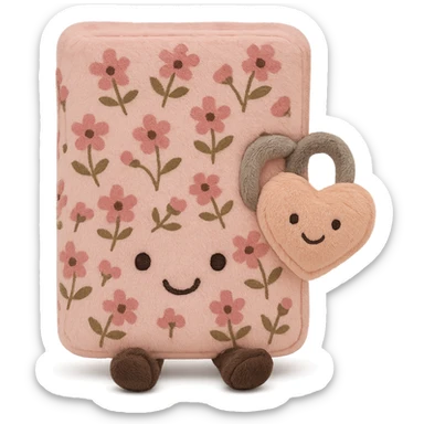 Pink Floral journal with a heart-shaped lock as a kawaii plushie, jellycat style  sticker