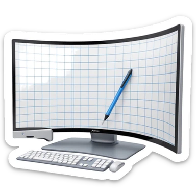 Create an emoji for 3D visualization and modeling. Show a 3D object like room model with grid lines on a big curved monitor. and a modeling tool (e.g., a mouse or stylus). Use modern, professional colors. Do not include any emojis or smiley faces. Make the background transparent. sticker