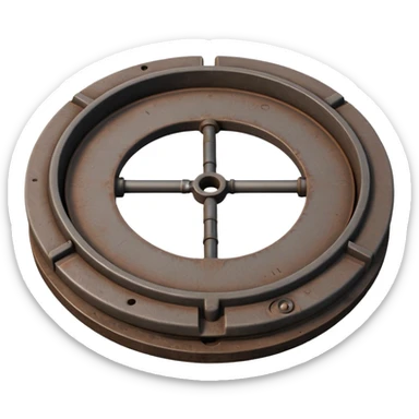 3D illustration of a manhole cover half-open with pipe access visible below, clean Pixar-like rendering, subtle shadows, slightly industrial look, not scary sticker