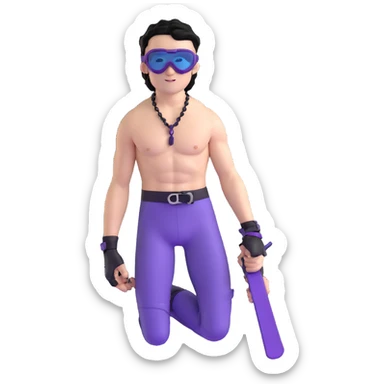 shirtless male athlete with white skin and moderately curly black hair on top with shaved sides, wearing purple ski goggles with black tinted lenses, and a simple plain black chain necklace, no earrings sticker