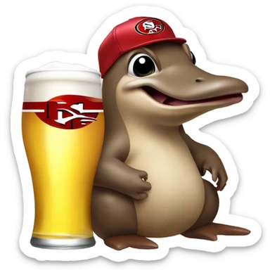 platypus in a 49ers cap holding a white beer can that says “happy dad” sticker