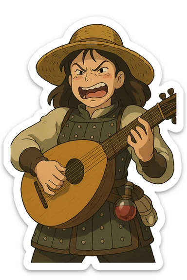 A female bard wearing brigandine armor with a sturdy straw hat, playing a fat medieval lute and singing, night time shadows, tool belt with red potion and bandages, portrait , mischievous grin, anger sticker