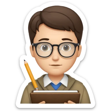 A scholarly explorer with notepad, glasses, and calm analytical demo.
 sticker