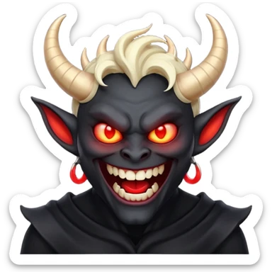 “Scary demon emoji, evil human-like laugh, black clothes, big curved horns, glowing red eyes, upper body visible till chest, dark mood, high detail, emoji style, clean background” sticker