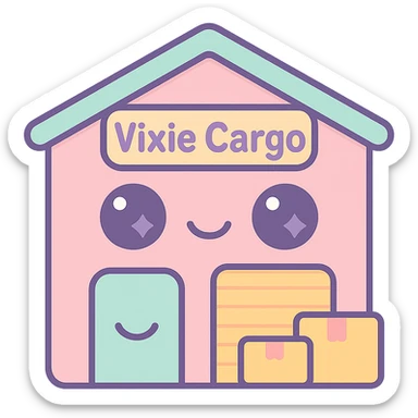 Add the Vixie Cargo company logo to the front of the parcel warehouse building emoji in kawaii style, with no background. sticker