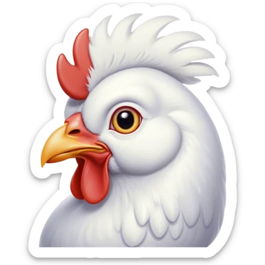 Cinematic Noble White Chicken Portrait Emoji, Poised and regal, with a compact, sturdy build and a pristine, well-groomed pure white plumage, deep-set soulful beady eyes, Simplified yet sharp and sophisticated features, highly detailed, glowing with a soft, dignified glow, high shine, intelligent and alert, stylized with an air of barnyard elegance, focused and attentive, soft glowing outline, capturing the essence of a watchful and confident fowl, so majestic it feels as though it could strut out of the screen with effortless authority! sticker