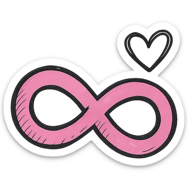 hand-drawn style pink infinity symbol with clear bold outlines, stylized shadows and highlights, with a simple heart shape next to the infinity symbol sticker